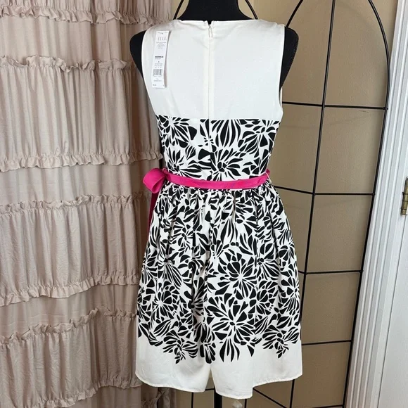 Elle White & Black Floral A Line Polyester Print Dress Pink Belt Size 6 NWT - Picture 4 of 10